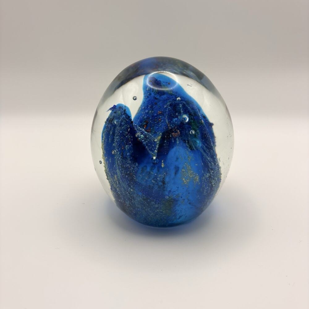 Vintage Art Glass 'Lava' Paperweight Blue Yellow Bubbles Alien Landscape